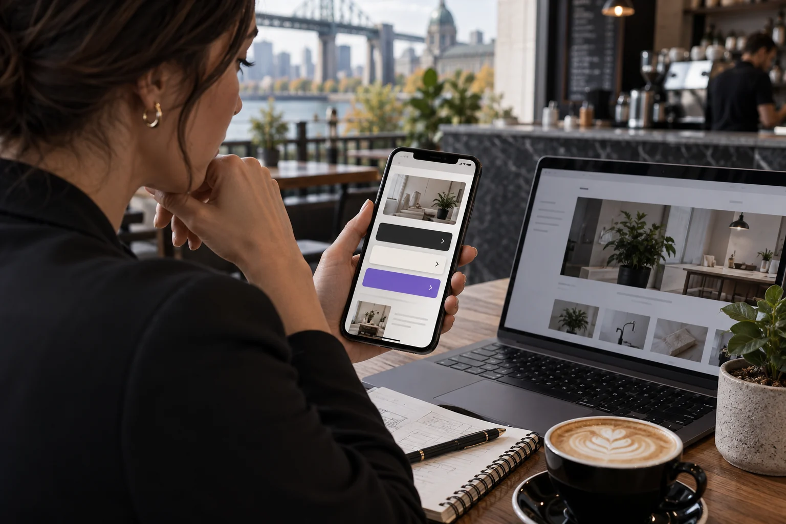 Entrepreneure comparant plusieurs actions sur un site mobile